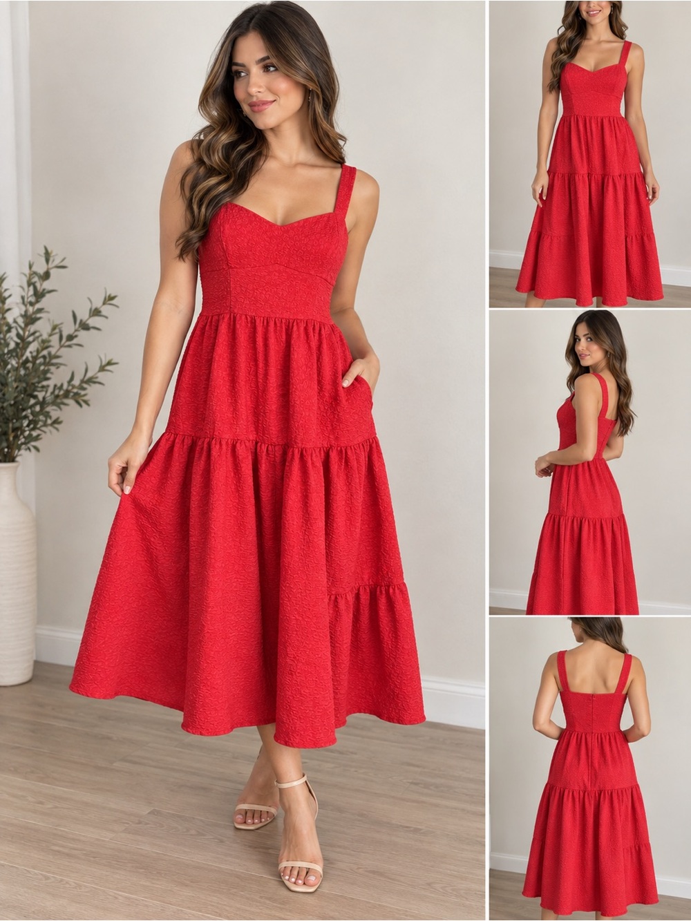 Chelsea28 Red Textured Tiered Midi Dress Size S